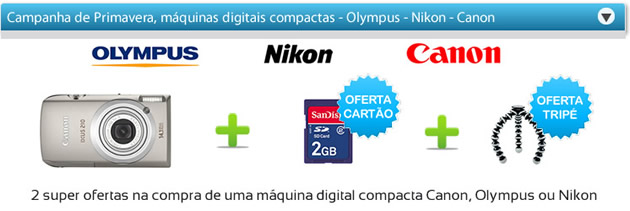 promoção de máquinas fotograficas compactas olympus, canon e nikon